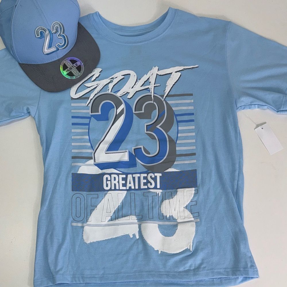 Blue Graphic Kids T-Shirt & hat Sz L 10-12 NWT